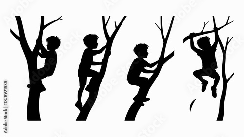 a silhouette illustration displays four stages of a boy climbing a tree showcasing growth and the joy of outdoor play high quality professional detailed modern elegant