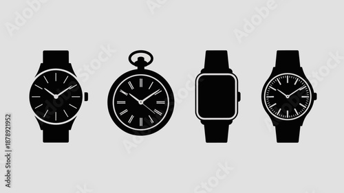 a collection of four distinct black silhouette watches displayed in a row showcasing diverse styles and timekeeping designs against a neutral background high quality professional detailed