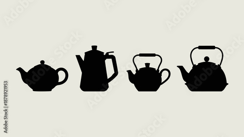 a minimalist composition featuring four black silhouettes of teapots arranged horizontally against a plain light beige background creating a simple design high quality professional detailed modern