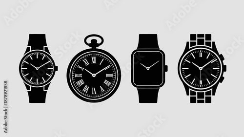 a collection of four distinct timekeeping devices are showcased in a black silhouette style representing wristwatches and a pocket watch high quality professional detailed modern elegant
