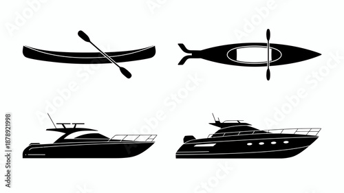 a collection of various watercraft is displayed in a minimalist black and white design showcasing a canoe kayak and two motor yachts high quality professional detailed