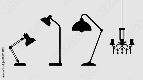 a minimalist illustration depicting three different types of lighting fixtures including a desk lamp floor lamp and chandelier all in black silhouettes high quality professional detailed