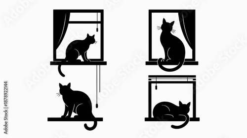 a minimalist depiction showcases silhouettes of cats positioned within and below window frames creating a striking and playful visual composition high quality professional detailed modern elegant