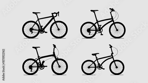 a minimalistic graphic depicting silhouettes of four distinct bicycle styles against a plain light grey background showcasing varied designs high quality professional detailed modern elegant stylish