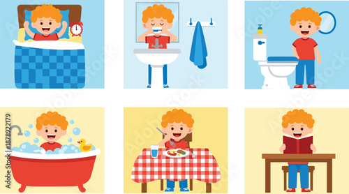 Daily routine of a cute boy waking up, brushing teeth, using toilet, taking bath, eating breakfast, and reading a book.