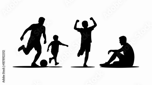 a silhouette depicts a family scene with a father two sons and a grandfather showing active play and relaxed contemplation high quality professional detailed modern elegant
