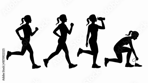 a silhouette depiction of four female athletes engaged in various stages of a running and fitness routine showing movement and exhaustion high quality professional detailed modern