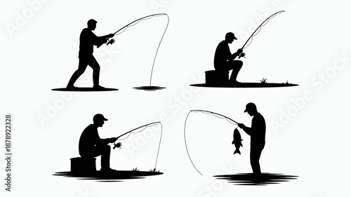 Silhouette illustrations depict four different scenes of men fishing showcasing varied postures and a successful catch all in a minimalist style high quality professional detailed modern