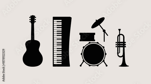 a simple depiction showcases various musical instruments including a guitar keyboard drum set cymbal and a brass trumpet silhouette high quality professional detailed modern elegant stylish
