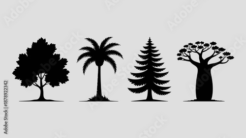 a collection of four distinct tree silhouettes against a neutral gray background showcasing varying foliage and trunk structures high quality professional detailed modern elegant stylish clean
