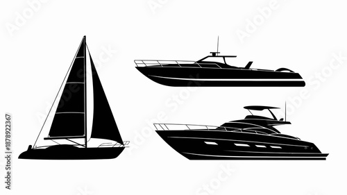 a minimalistic illustration depicts three different types of boats in black silhouettes against a pure white background showcasing nautical themes high quality professional detailed modern elegant
