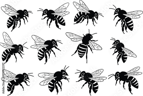Honey bee silhouette vector collection, flying insect icons, bumblebee set for nature design, isolated black garden wildlife elements, stinging honeybee graphic illustrations, organic farm.