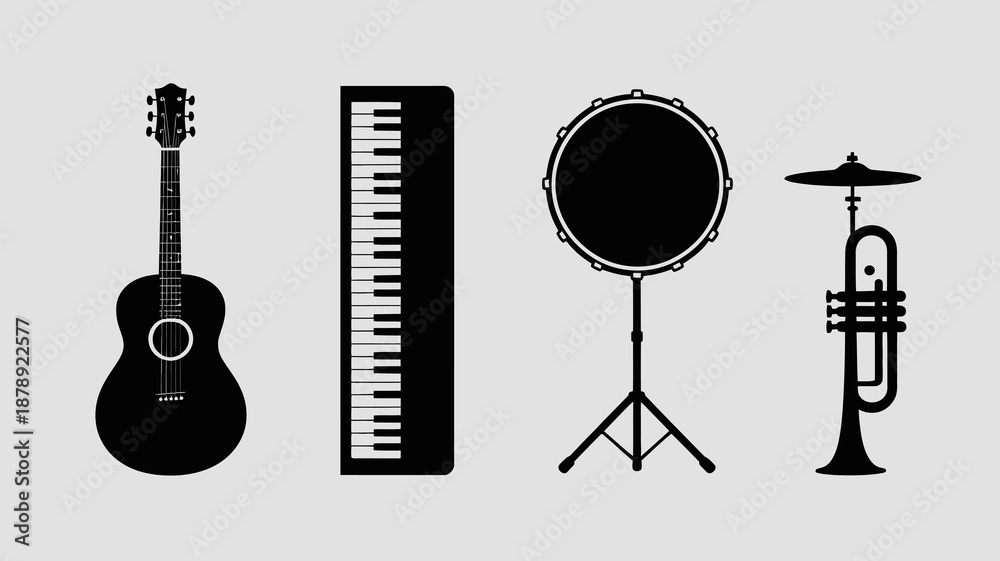 Obraz premium a simple arrangement of musical instruments including a guitar keyboard drum trumpet and cymbal presented in black silhouettes high quality professional detailed modern elegant stylish clean