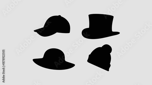 a simple arrangement of silhouettes showcasing a baseball cap top hat wide brim hat and a knitted beanie on a pale gray background high quality professional