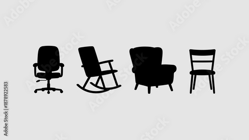 a minimalist depiction of various seating options including an office chair rocking chair armchair and a simple wooden chair all presented as silhouettes high quality professional