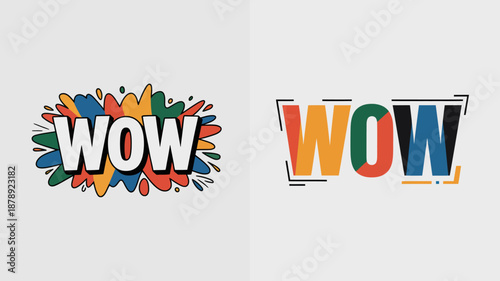 The image showcases two distinct graphic designs featuring the word wow one with a colorful splatter effect and the other in a bold framed style