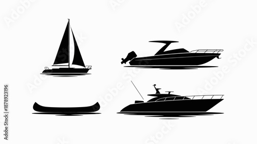 a minimalist depiction showcases silhouettes of various watercraft including a sailboat speedboat small rowboat and a luxurious yacht on water high quality professional detailed modern elegant