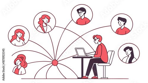 Conceptual flat vector with central leader figure in business strategy