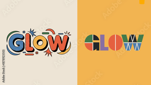 a vibrant visual showcasing the word glow in two distinct styles one playful and colorful the other bold and geometric split screen high quality professional detailed