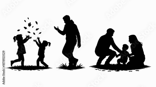 a silhouetted depiction shows a family experiencing different stages of life from infancy to adulthood with falling leaves symbolizing time s passage high quality professional detailed