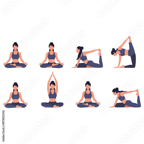 Woman Practicing Various Yoga Poses Illustration.