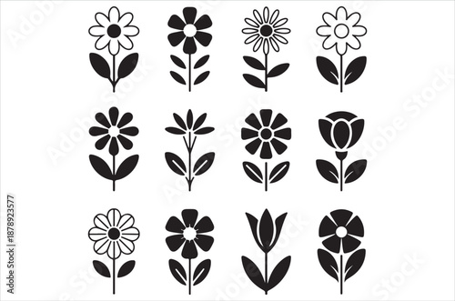 Set of Beautiful black rose flower silhouette with leaves design - rose icon or symbol Vector illustration bundle  with a white background