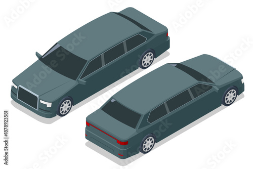 Isometric limousine car, luxury transport viewed from front and rear angles. Premium vehicle concept for business, security, VIP travel, chauffeur service, and elite transportation illustration.