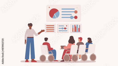 Business team analyzing chart in cartoon style with people and technology icons