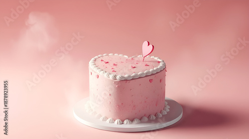 Cute pink heart decorated cake on a soft pastel background for celebrations