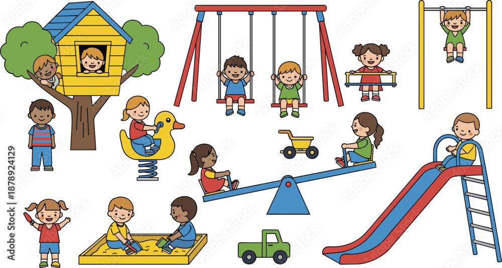 Obraz premium Cute diverse children playing on playground with slide, swings, treehouse, sandbox, and see-saw for school and preschool education design.