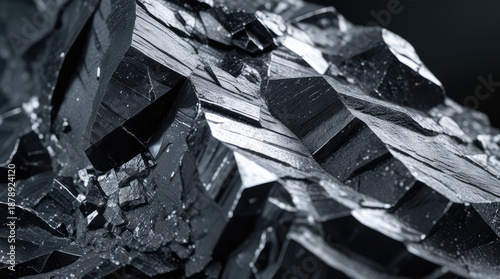 Close-up view of shiny black mineral with sharp crystalline structure and reflective surfaces, showcasing intricate details and textures in a dark background setting for geological study
