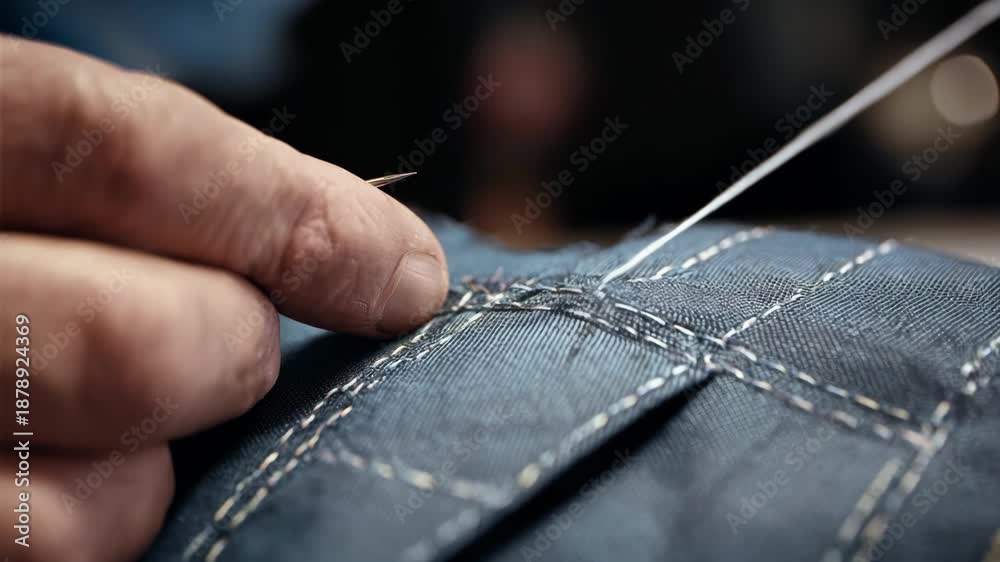 Medium shot showcasing detailed stitch fixing where a tailor mends ...