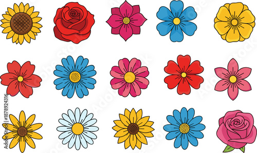 Colorful flower head vector set with sunflowers, roses, daisies, and various garden blooms in bright yellow, red, blue, and pink for spring.