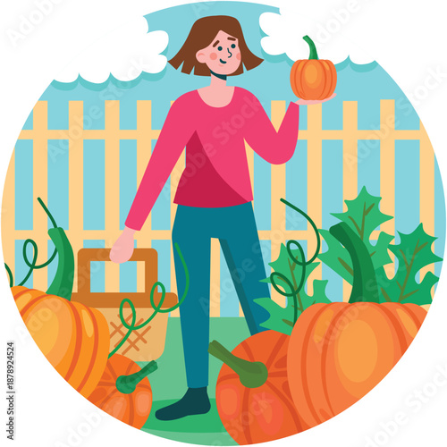Woman farmer picking pumpkin in garden vector