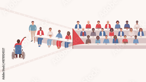 Flat vector illustration with wide cinematic frame business scene