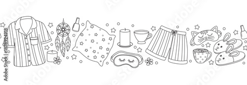 Seamless border with elements for pajama party in doodle style. Horizontal pattern with sleep masks, pajama, dream catcher, slippers, cups, candles, pillow