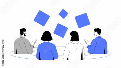 Minimal line art vector illustration of small group business meeting