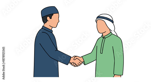 Two Muslim or Middle Eastern Men in Traditional Attire Shaking Hands as a Gesture of Greeting, Agreement, or Peace