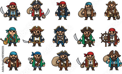 Cute pirate character vector set featuring chibi corsairs with eyepatches, swords, treasure sacks, hats, and a ship steering wheel for games.