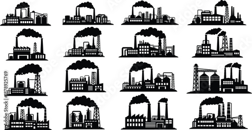 Industrial factory silhouette set with smoke from chimneys, power plants, manufacturing buildings, and warehouse facilities for energy and production design.