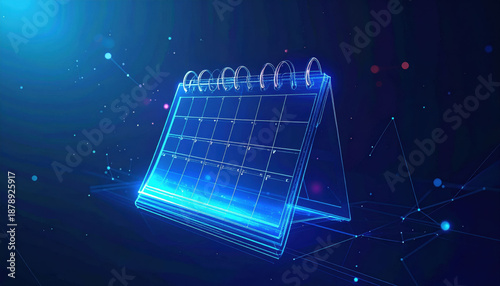 Digital calendar display showing months and days with blue light effects in a futuristic background setting