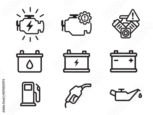 Automotive Service and Car Warning Icons Set in Outline Vector Style