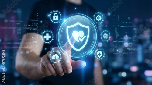 A person interacts with digital security icons, representing protection and safety in a futuristic interface.