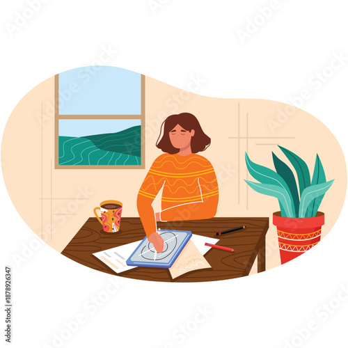 Woman designer character work on graphic tablet