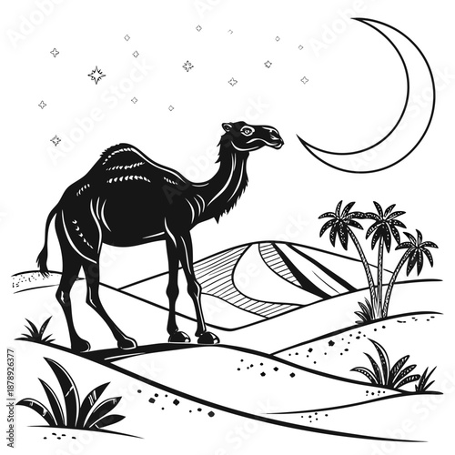 Desert camel under the moon