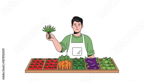 A smiling man in an apron holds up fresh herbs beside a vibrant vegetable display.