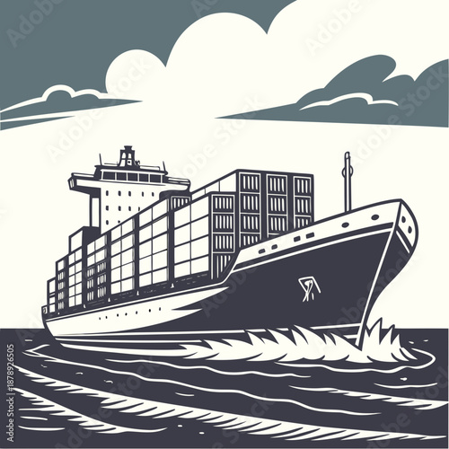 Illustrated cargo ship at sea