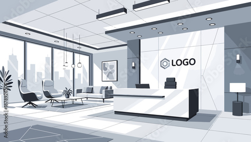 Modern office lobby with reception desk and city view