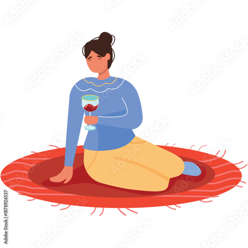 Woman relax drinking wine sitting on mat vector