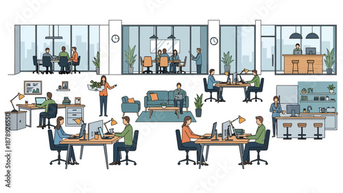 Modern office interior with coworkers working at desks and meeting in rooms